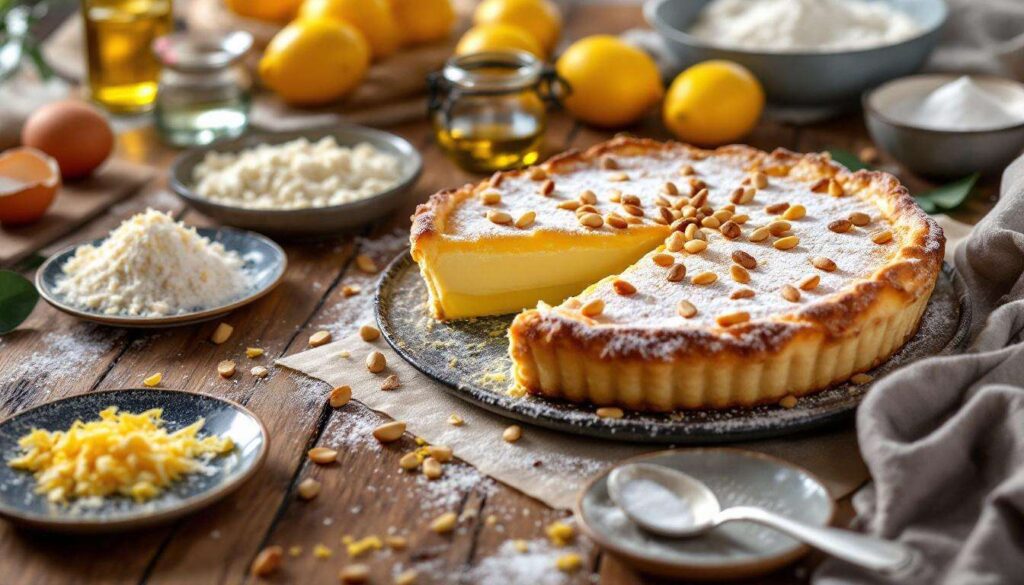 Torta della nonna senza burro: frolla all'olio, crema al limone e pinoli tostati