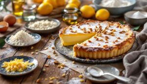 Torta della nonna senza burro: frolla all'olio, crema al limone e pinoli tostati