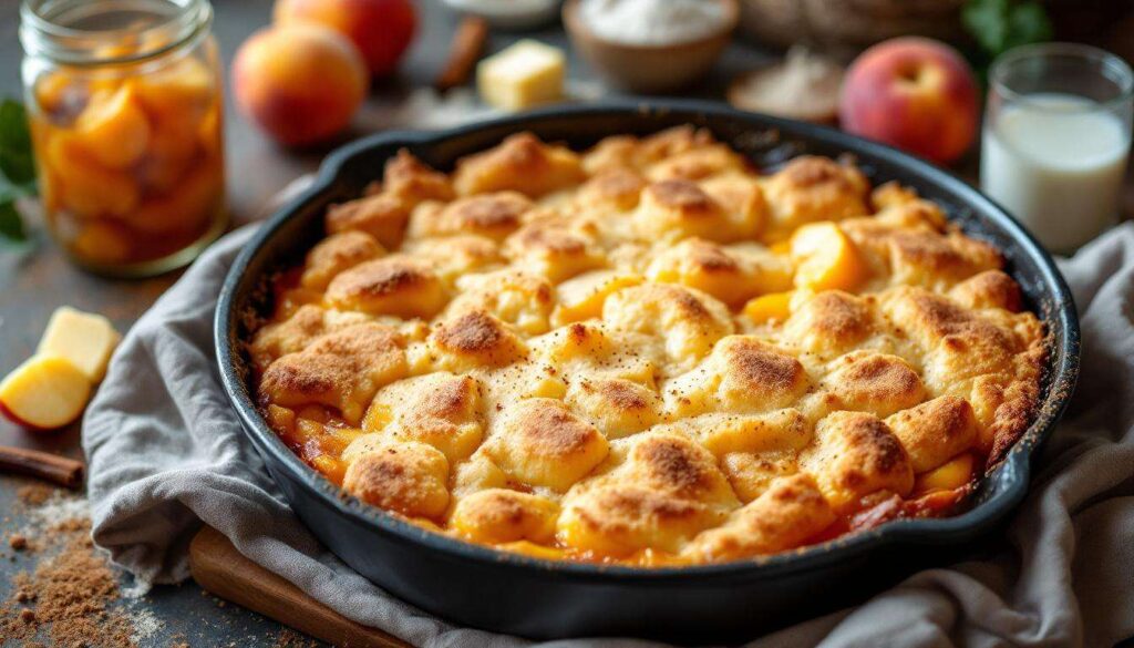 Cobbler alle pesche: frutta succosa sotto e copertura dorata, pronto in pochi passaggi