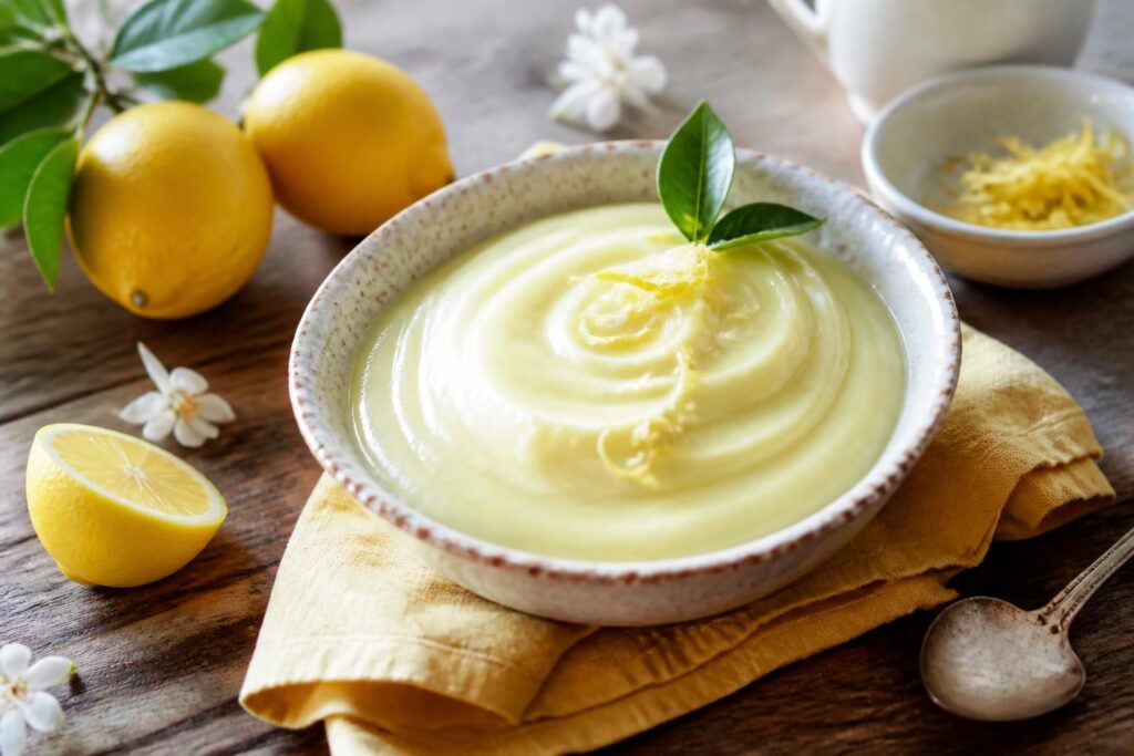 Crema al limone senza uova servita in una coppetta di vetro, con scorza grattugiata e foglioline di menta, su fondo di lino beige