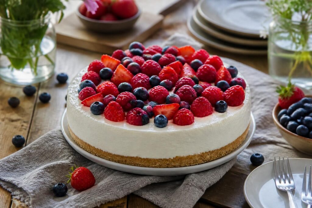 Dolce di Ferragosto senza cottura con crema al mascarpone e frutta fresca estiva, servito in una teglia su un tavolo all'aperto