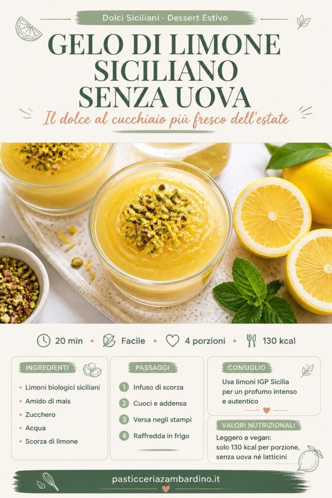 Gelo di limone siciliano senza uova in coppette di vetro, decorato con pistacchio di Bronte e scorza di limone