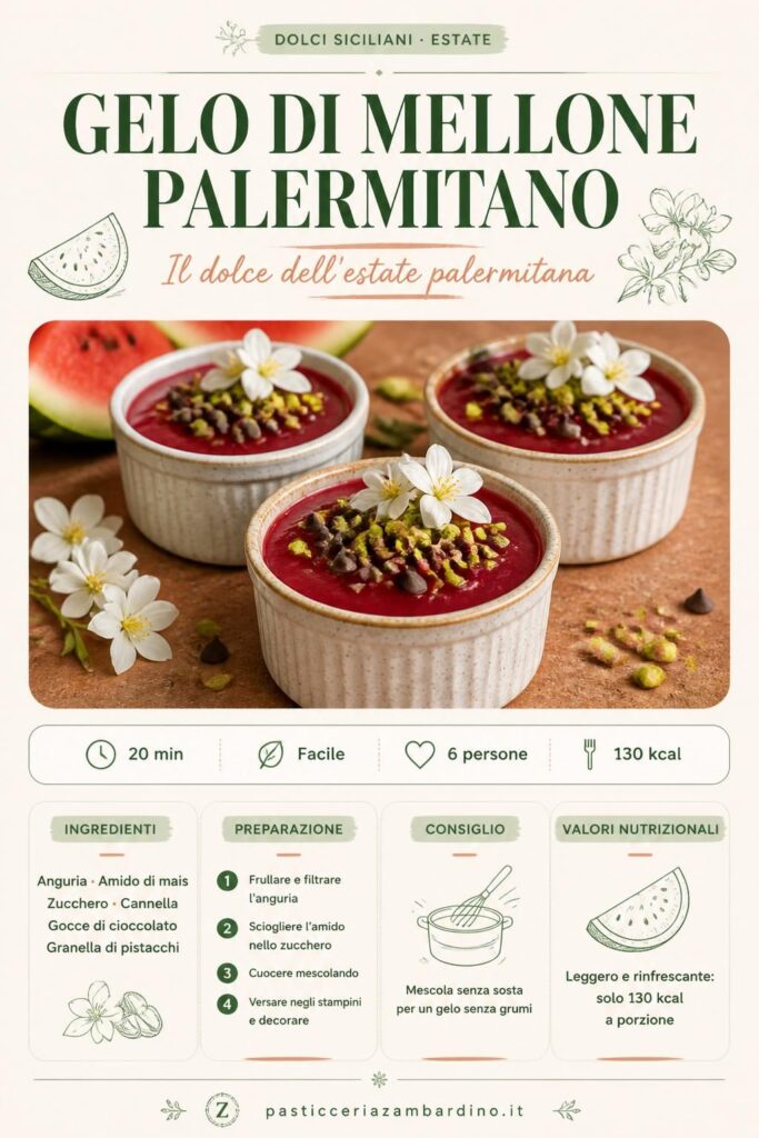 Gelo di mellone palermitano in stampini decorati con pistacchi e gocce di cioccolato