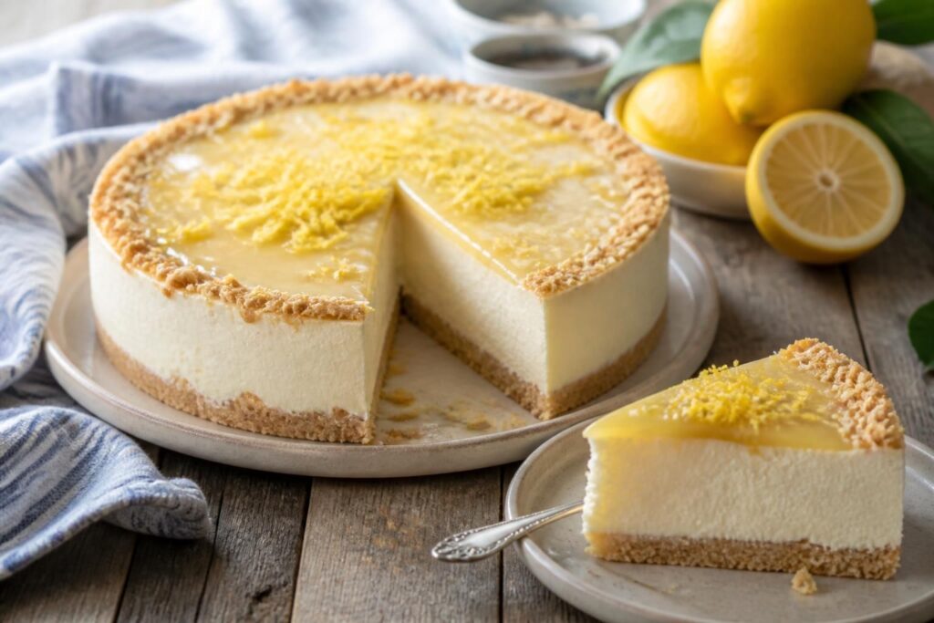 Torta fredda al limone senza forno con base biscottata e crema al limone cremosa, decorata con scorza di limone fresca