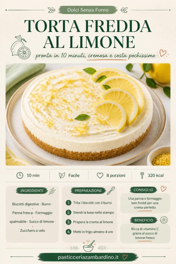 Torta fredda al limone senza forno su piatto bianco con scorza di limone fresca e fettine di limone in decorazione