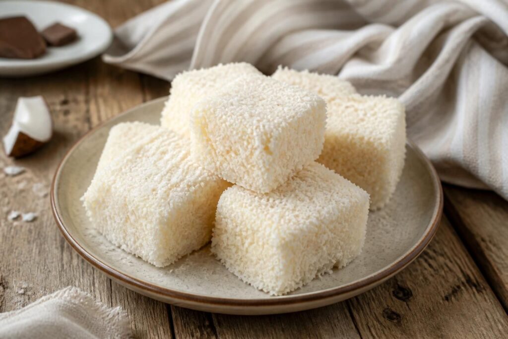 Quadrotti freddi al cocco senza cottura su un vassoio bianco, con cocco rapé in superficie e taglio netto a vista