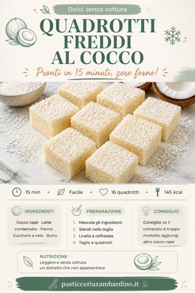 Quadrotti freddi al cocco senza cottura su vassoio con cocco rapé in superficie, taglio netto a vista