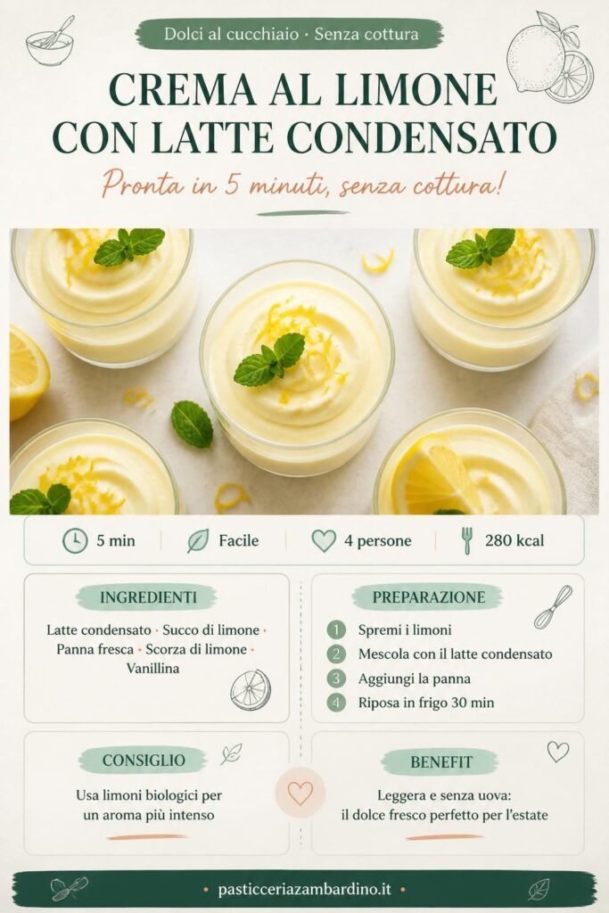 Crema al limone con latte condensato senza cottura in coppette di vetro, con scorza di limone e menta fresca