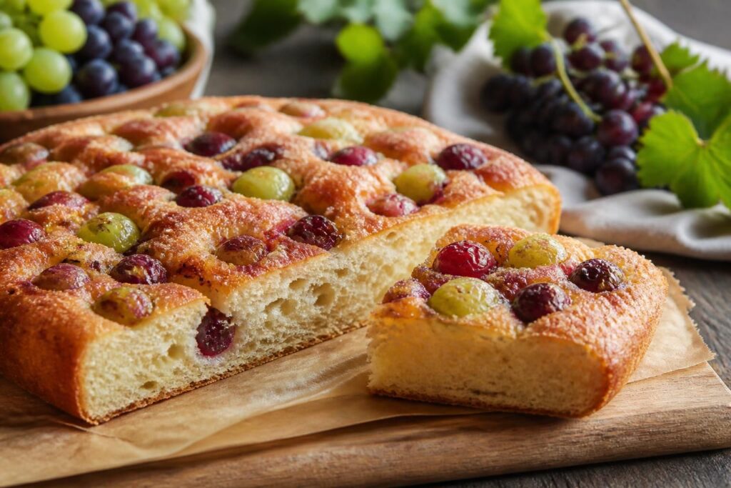 Focaccia dolce all'uva fragola appena sfornata in teglia, con chicchi neri lucidi, superficie dorata e croccante cosparsa di zucchero caramellato