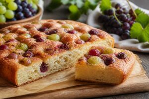 Focaccia dolce all'uva fragola appena sfornata in teglia, con chicchi neri lucidi, superficie dorata e croccante cosparsa di zucchero caramellato