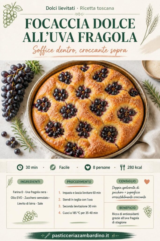 Focaccia dolce all'uva fragola su teglia rustica, superficie dorata croccante con chicchi neri e zucchero caramellato — ricetta toscana di settembre