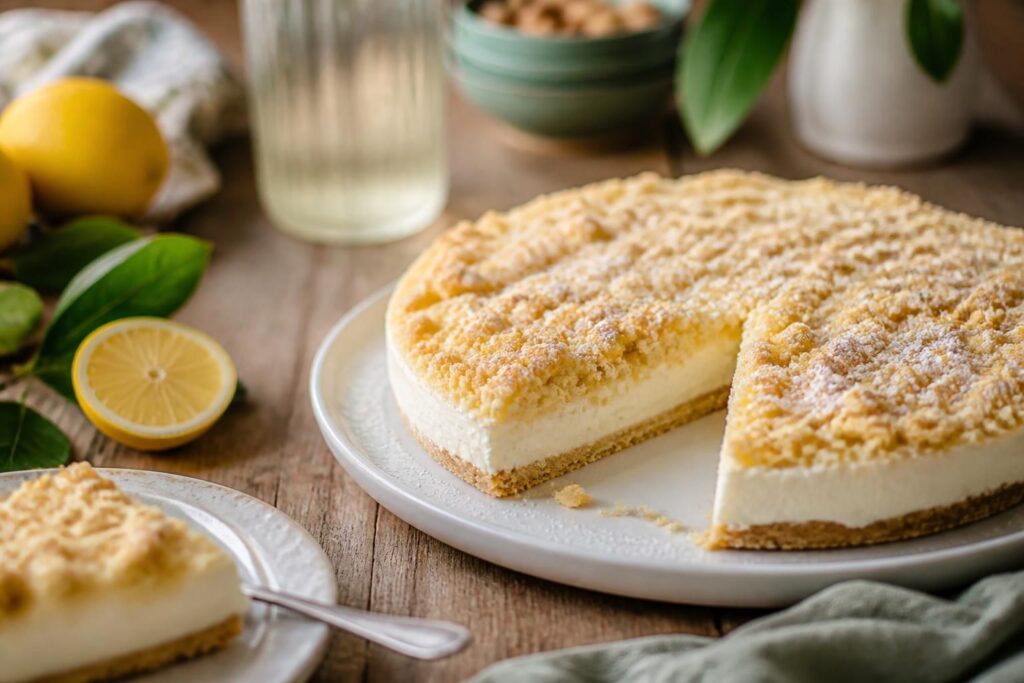 Sbriciolata fredda al limone vista dall'alto: base croccante di biscotti, crema al mascarpone e scorza di limone su sfondo chiaro
