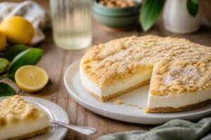 Sbriciolata fredda al limone vista dall'alto: base croccante di biscotti, crema al mascarpone e scorza di limone su sfondo chiaro