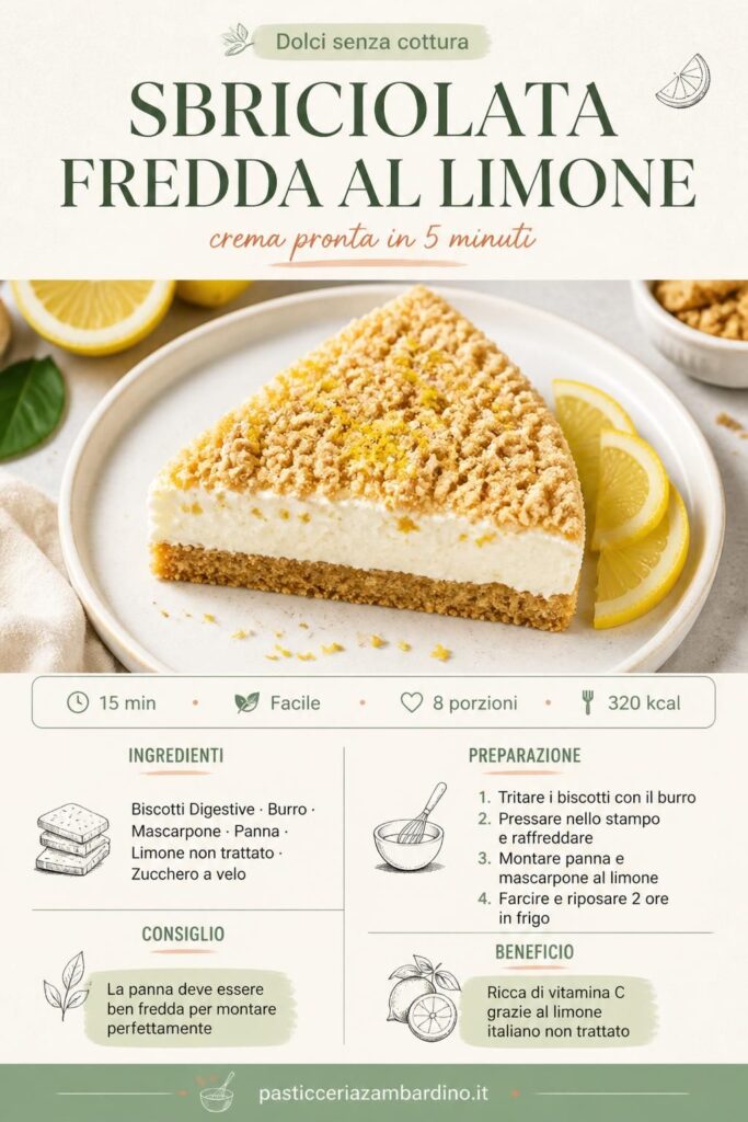 Sbriciolata fredda al limone vista dall'alto: base croccante di biscotti, crema al mascarpone e scorza di limone