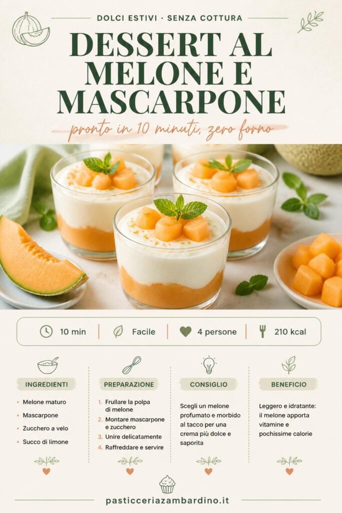 Dessert al melone e mascarpone senza cottura in coppe trasparenti con menta fresca