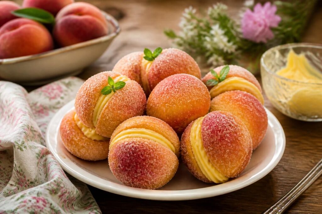 Pesche dolci ripiene di crema pasticcera su un vassoio rustico, con la caratteristica colorazione rossa dell'alchermes e lo zucchero semolato in superficie