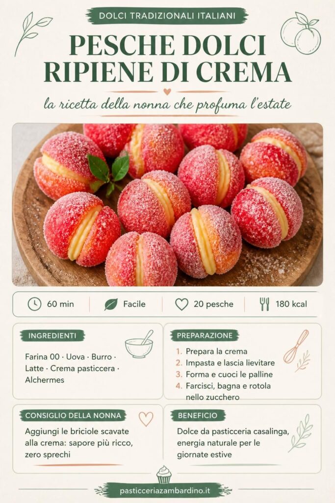 Pesche dolci ripiene di crema pasticcera con bagna all'alchermes e zucchero semolato, ricetta della nonna
