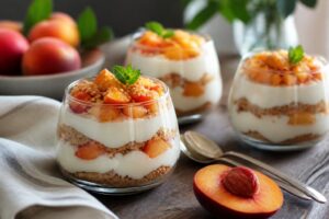 Dolce fresco con pesche e yogurt greco servito in bicchierini monoporzione con miele e foglie di menta, sfondo chiaro con luce naturale