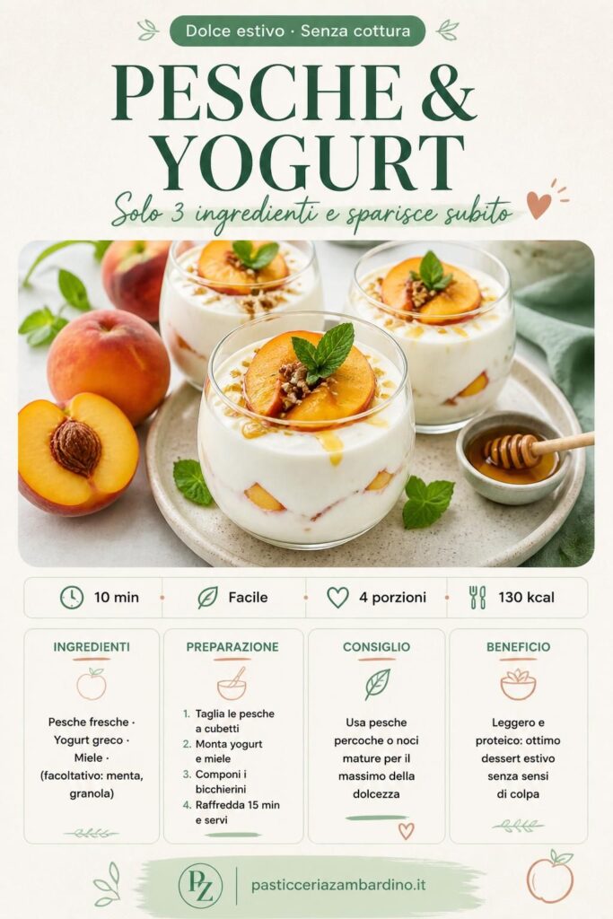 Dolce fresco con pesche e yogurt greco in bicchierini monoporzione con miele e menta