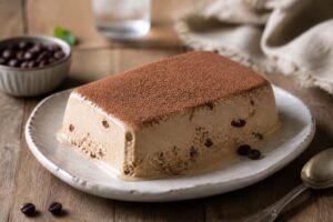 Semifreddo al caffè con 3 ingredienti servito a fette su piatto bianco, decorato con cacao amaro e chicchi di caffè
