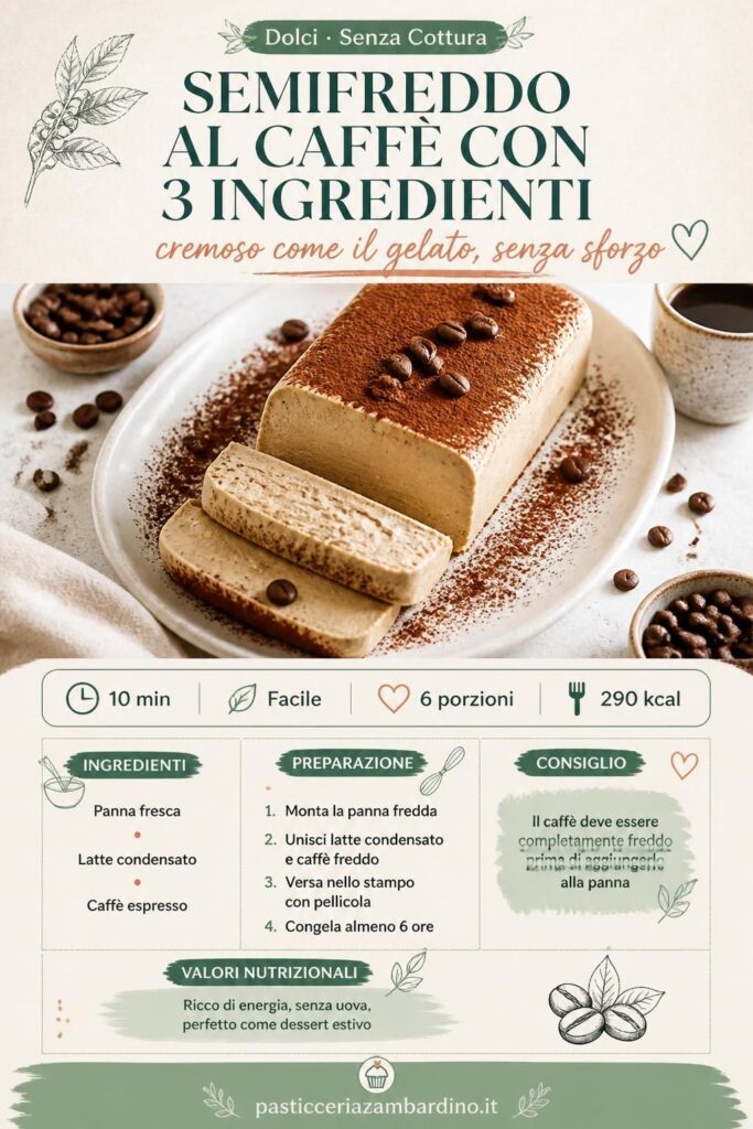 Semifreddo al caffè con 3 ingredienti servito a fette con cacao e chicchi di caffè