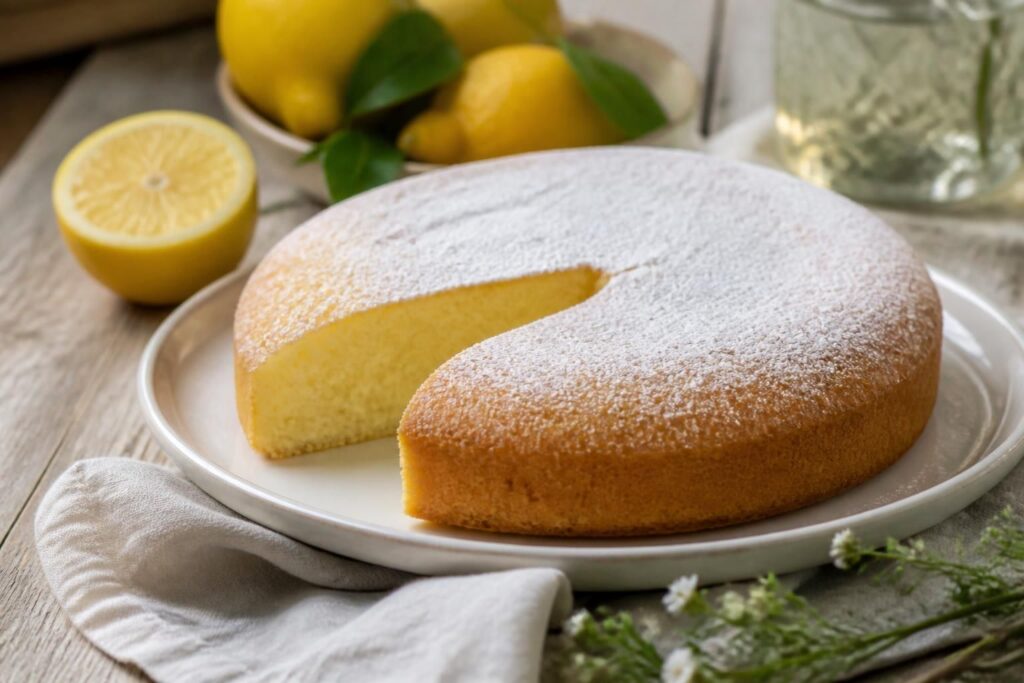 Torta all'acqua al limone soffice, tagliata a fette su un piatto bianco, spolverata di zucchero a velo, con limoni freschi e scorza grattugiata intorno