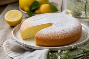 Torta all'acqua al limone soffice, tagliata a fette su un piatto bianco, spolverata di zucchero a velo, con limoni freschi e scorza grattugiata intorno