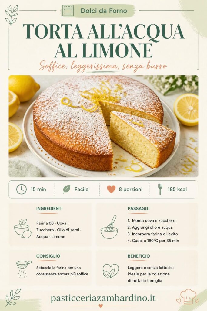 Torta all'acqua al limone soffice su piatto bianco con zucchero a velo e limoni freschi