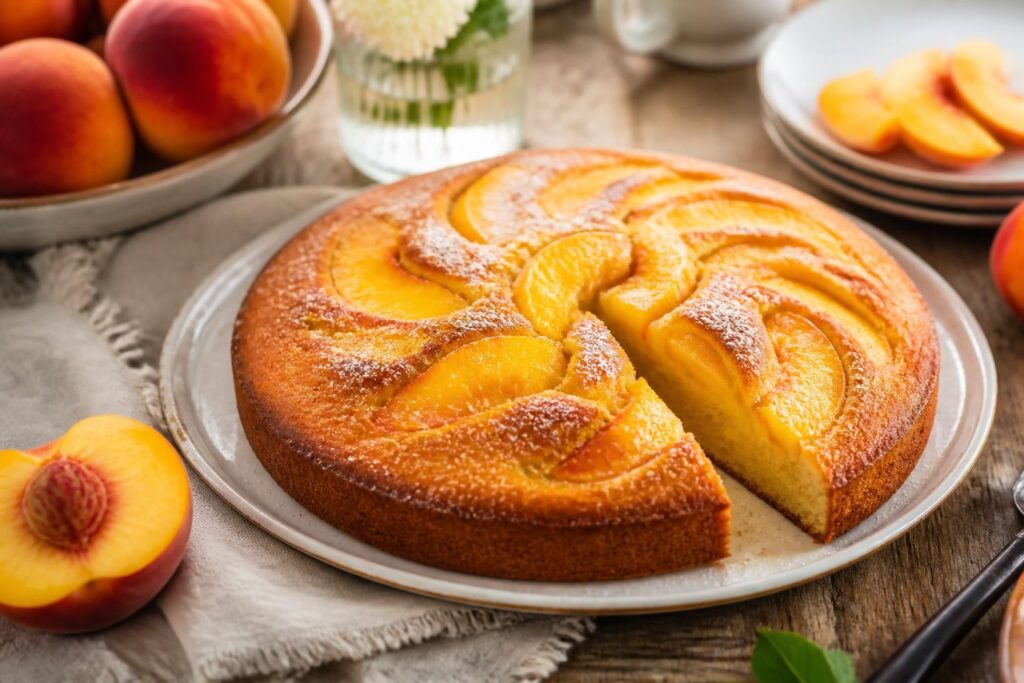 Torta in padella alle pesche soffice e senza burro, servita su un piatto rustico con fette di pesca fresca e foglie di menta