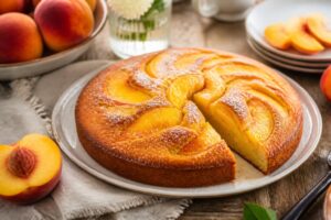 Torta in padella alle pesche soffice e senza burro, servita su un piatto rustico con fette di pesca fresca e foglie di menta