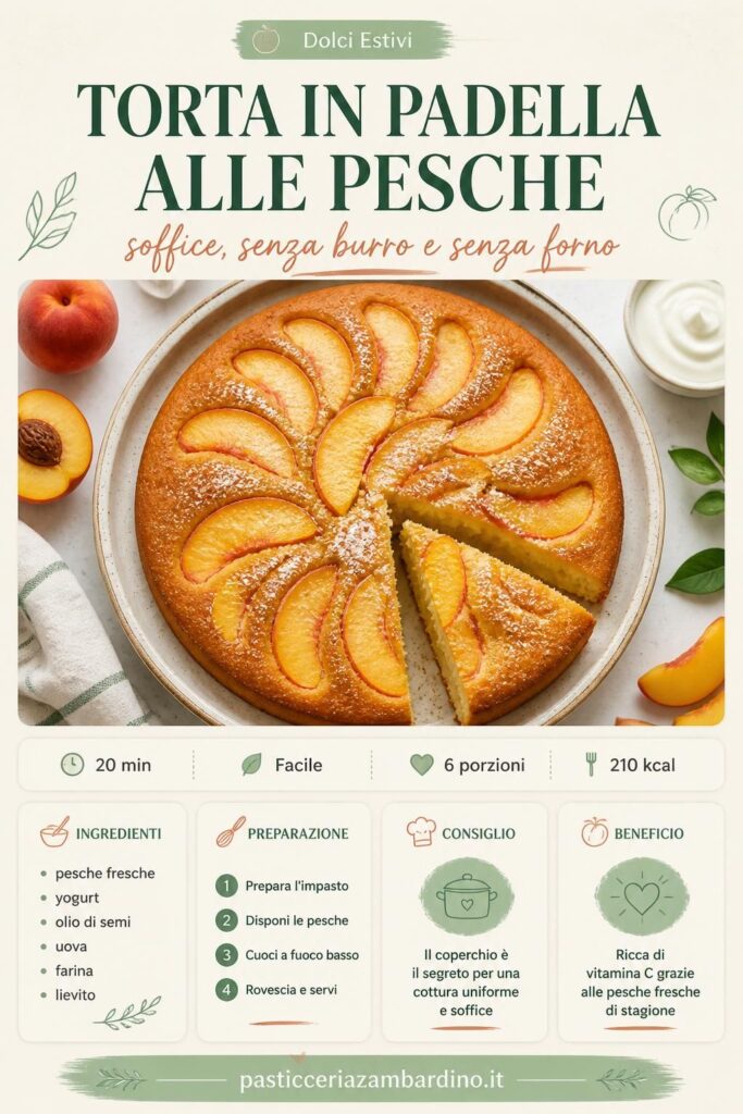 Torta in padella alle pesche soffice e senza burro su piatto rustico con fettine di pesca fresca